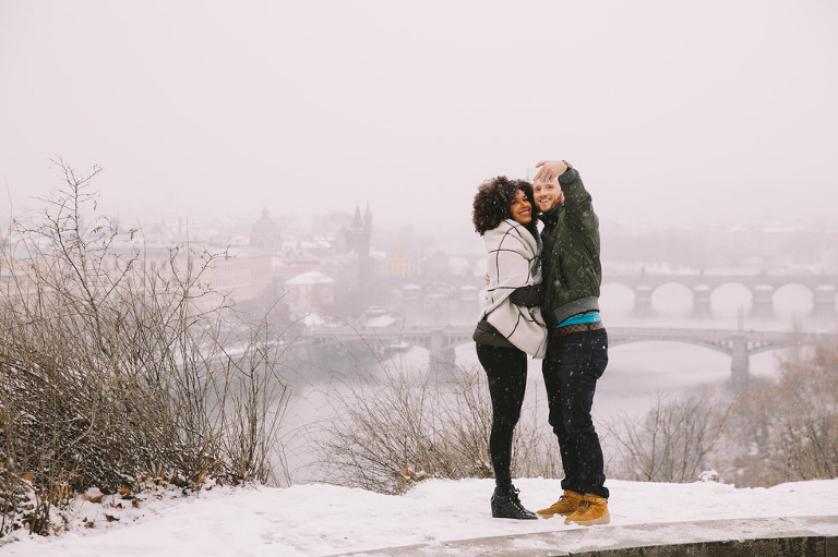 snowy surprise proposal prague