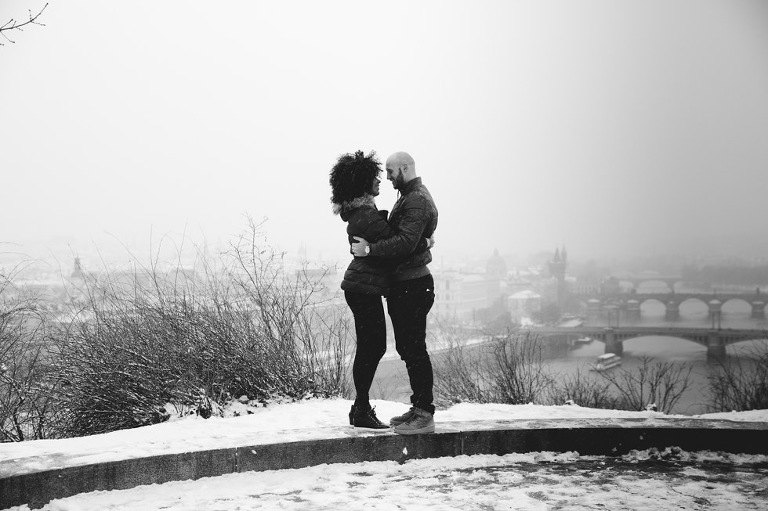 snowy surprise proposal prague